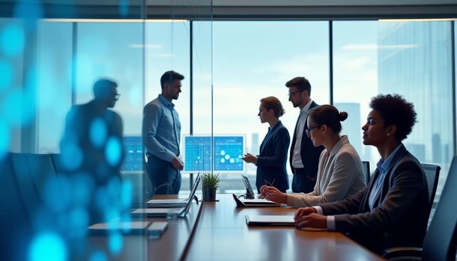 Executive team gathered around a data-focused dashboard in a modern office