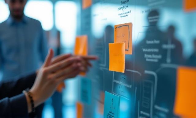 Active workshop setting with sticky notes and collaborative discussion