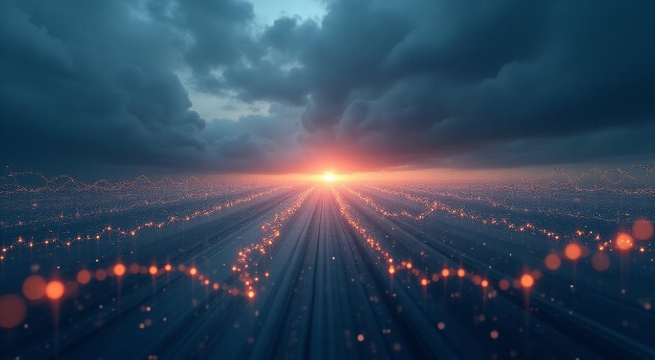 Abstract visualization of weather patterns blending into financial data charts