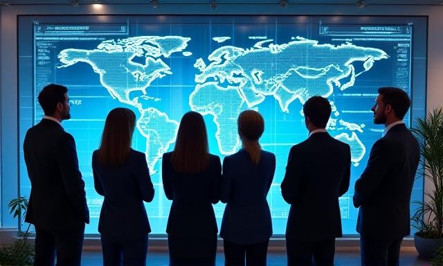 Professional team analyzing dynamic digital logistics screens