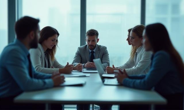 Team members in a blurred office environment looking focused but tired